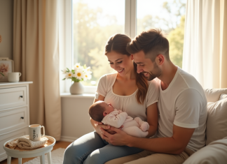 Comment choisir un prénom commençant par O pour votre nouveau-né ? Jeune couple heureux dans une nurserie lumineuse avec leur bébé