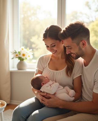 Jeune couple heureux dans une nurserie lumineuse avec leur bébé