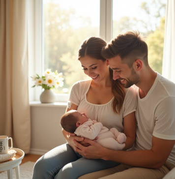 Jeune couple heureux dans une nurserie lumineuse avec leur bébé