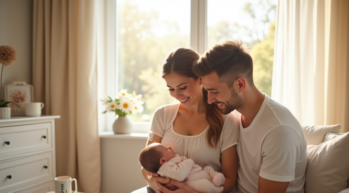 Jeune couple heureux dans une nurserie lumineuse avec leur bébé