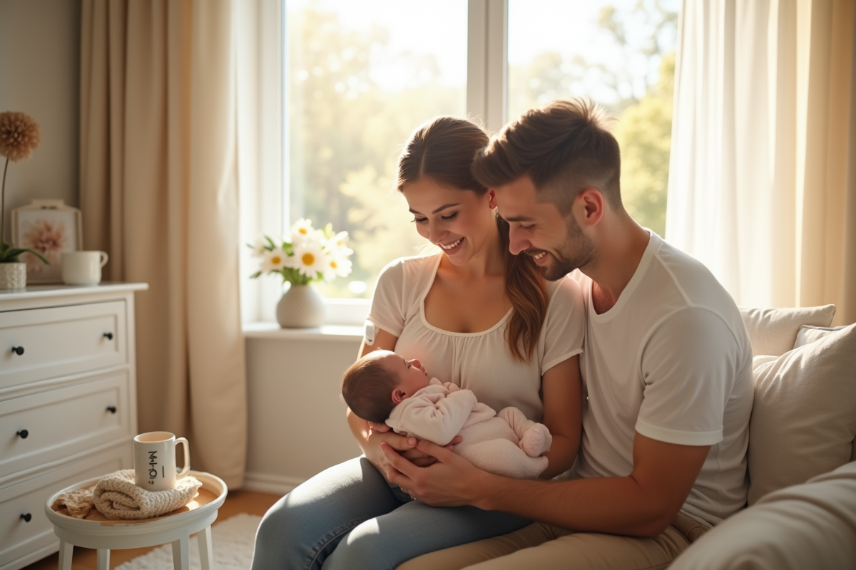 Jeune couple heureux dans une nurserie lumineuse avec leur bébé