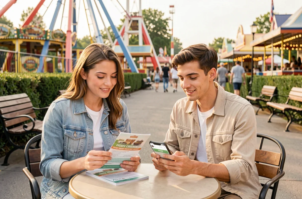 Couple consultant des bons plans et réductions pour le Parc La Panne sur smartphone et brochure