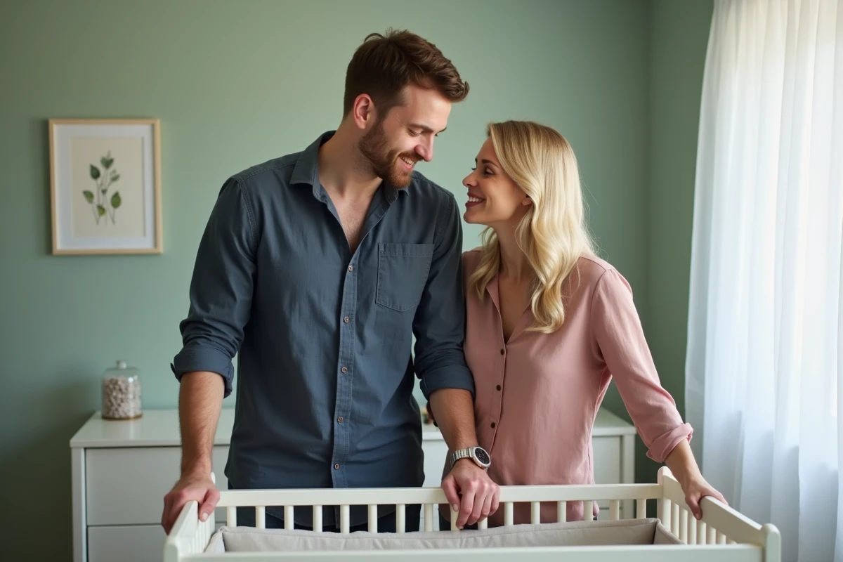 Couple complice se penchant avec tendresse au-dessus d'un berceau dans une chambre de bébé minimaliste