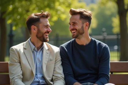 Deux hommes complices assis ensemble dans un parc parisien, illustrant une relation de couple authentique et détendue