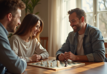 Couple souriant jouant à un jeu de société à la maison