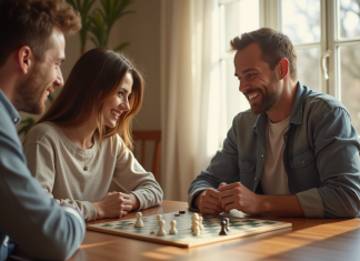 Couple souriant jouant à un jeu de société à la maison