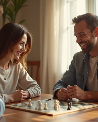 Couple souriant jouant à un jeu de société à la maison