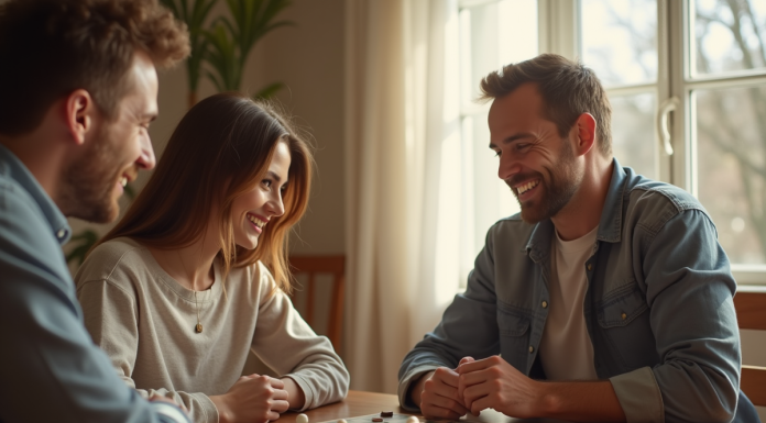 Couple souriant jouant à un jeu de société à la maison