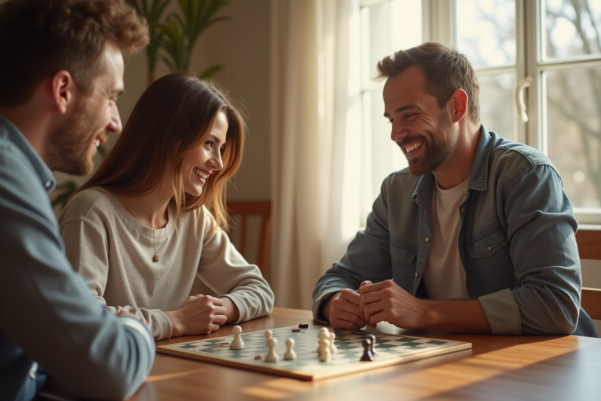 Couple souriant jouant à un jeu de société à la maison