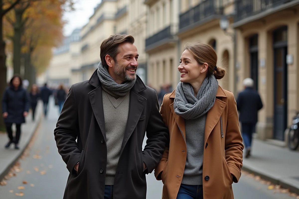 Couple souriant marchant dans une rue parisienne