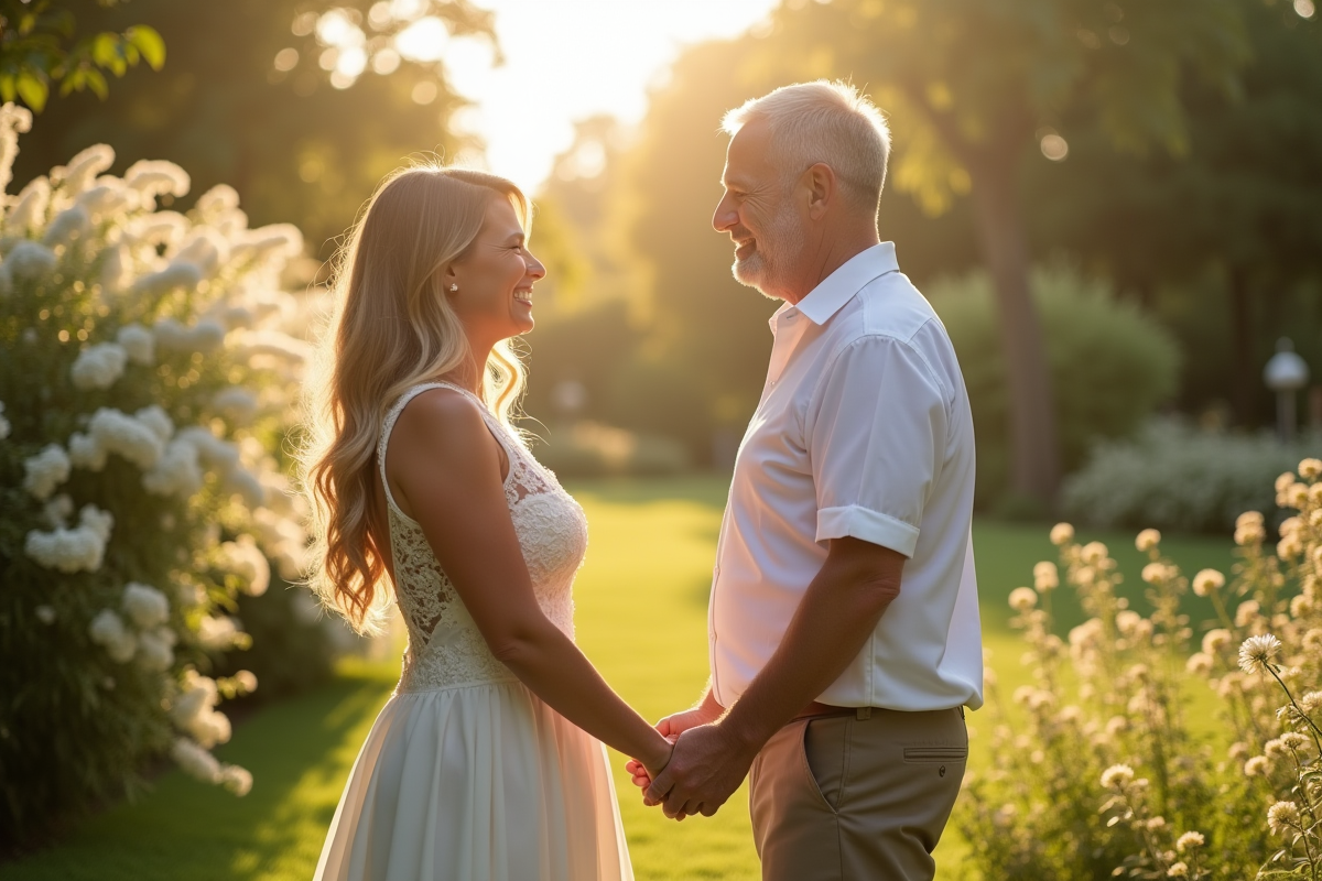 Couple marié échangeant leurs vœux dans un jardin ensoleille