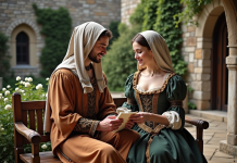 Amour au Moyen-Âge : l’évolution des relations amoureuses Jeune couple médiéval échangeant une lettre dans la cour