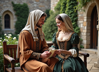 Amour au Moyen-Âge : l’évolution des relations amoureuses Jeune couple médiéval échangeant une lettre dans la cour