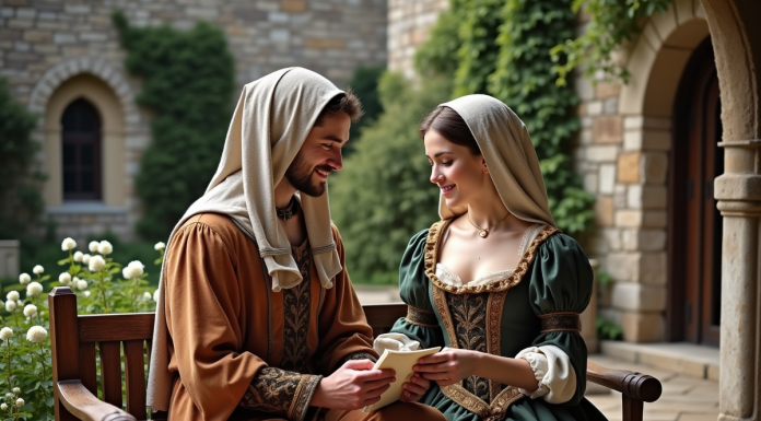 Jeune couple médiéval échangeant une lettre dans la cour