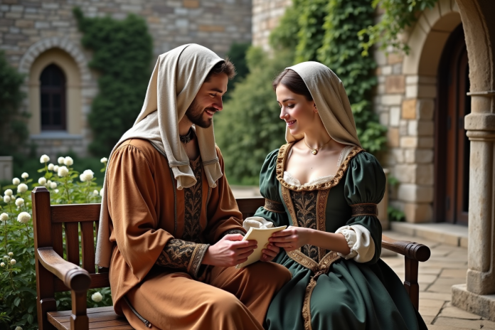 couple-medieval-cour-castle Jeune couple médiéval échangeant une lettre dans la cour