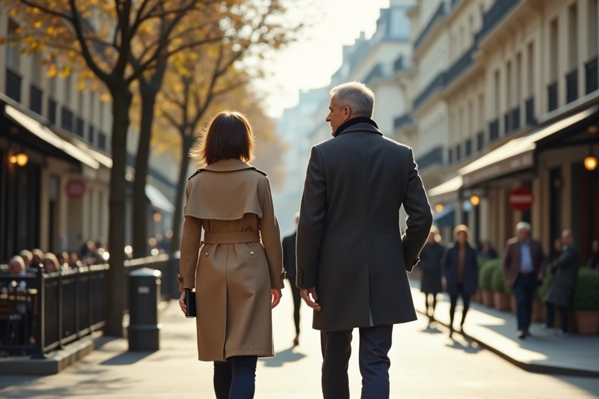 Couple en rupture dans une rue parisienne haussmannienne, illustrant la distance émotionnelle et la séparation