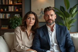 Couple sophistiqué dans un salon cosy et moderne