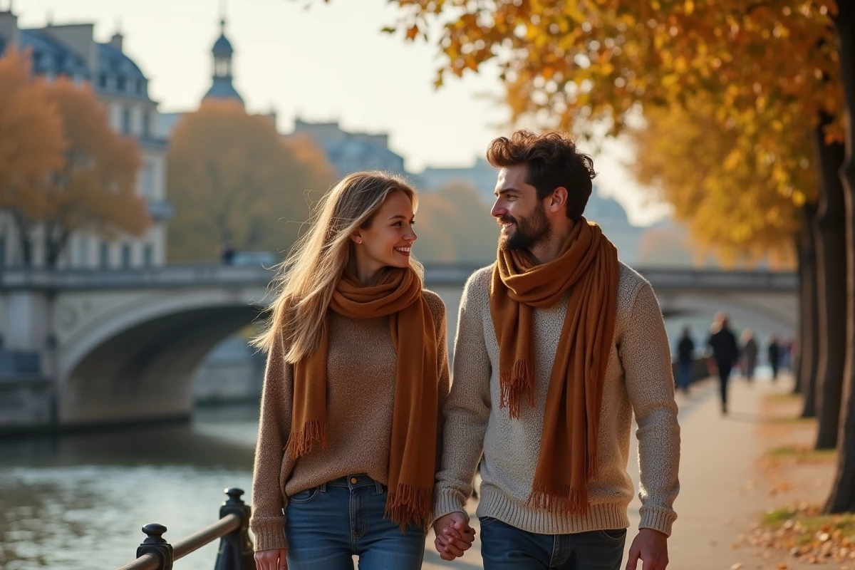 Jeune couple se promenant le long de la Seine en automne