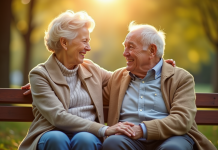 Couple senior souriant main dans la main sur un banc en plein air