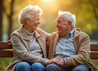 Couple senior souriant main dans la main sur un banc en plein air