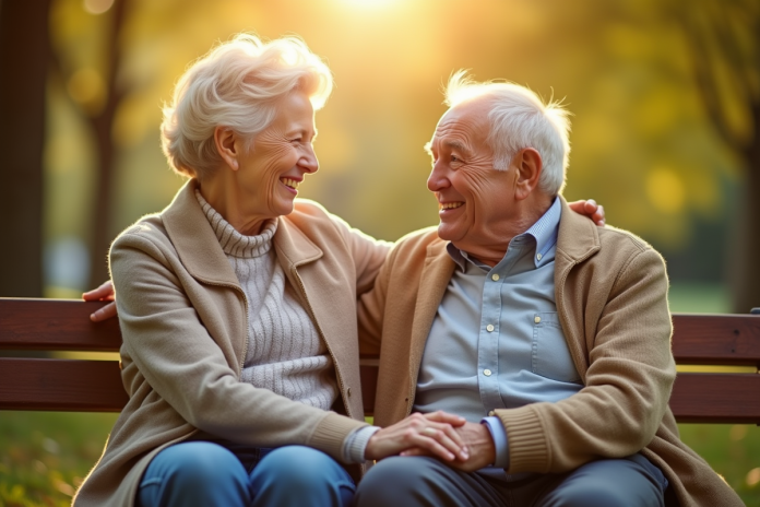 couple-senior-parc-banc Couple senior souriant main dans la main sur un banc en plein air