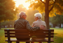 Couple senior assis sur un banc ensoleille dans un parc