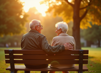 Couple senior assis sur un banc ensoleille dans un parc