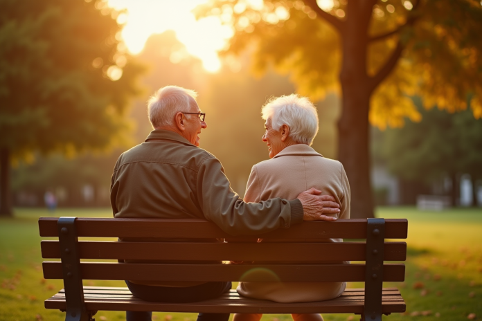 couple-senior-parc-soleil Couple senior assis sur un banc ensoleille dans un parc