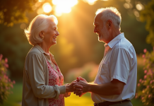 Vieux couple échangeant des vœux dans un jardin ensoleille