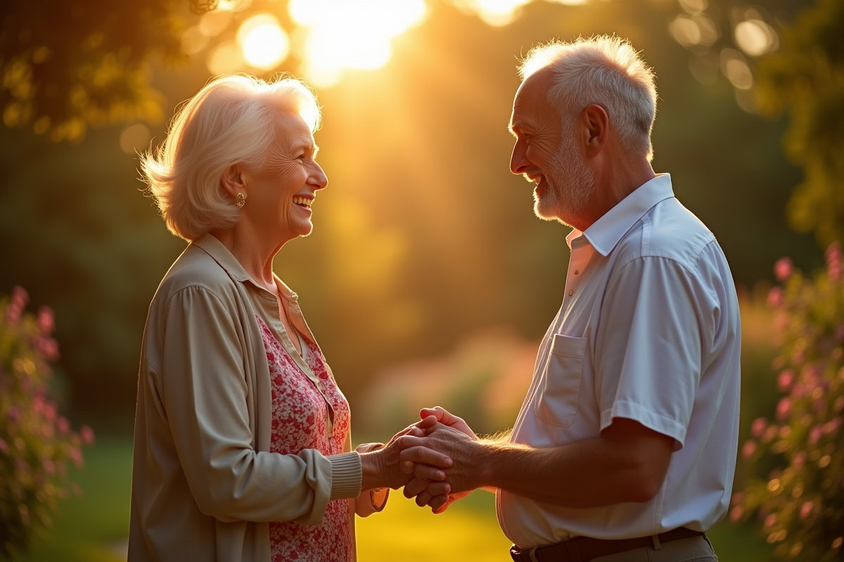 Vieux couple échangeant des vœux dans un jardin ensoleille