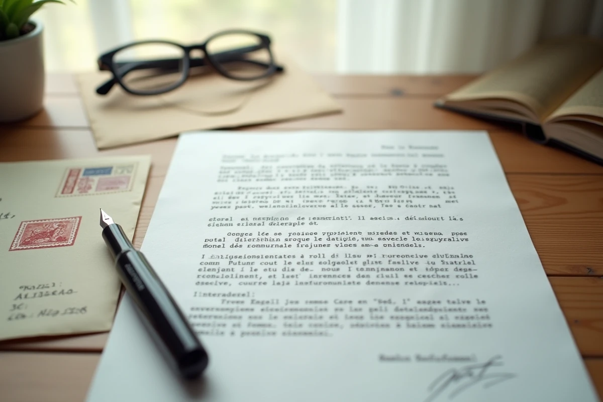 Gros plan d'un courrier officiel destiné au juge pour un refus de visite médiatisée, avec stylo plume et enveloppe timbrée
