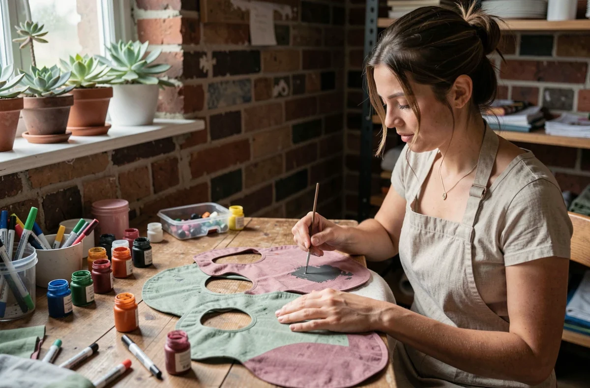 Femme créant des bavoirs personnalisés coordonnés pour des jumeaux dans un atelier artisanal