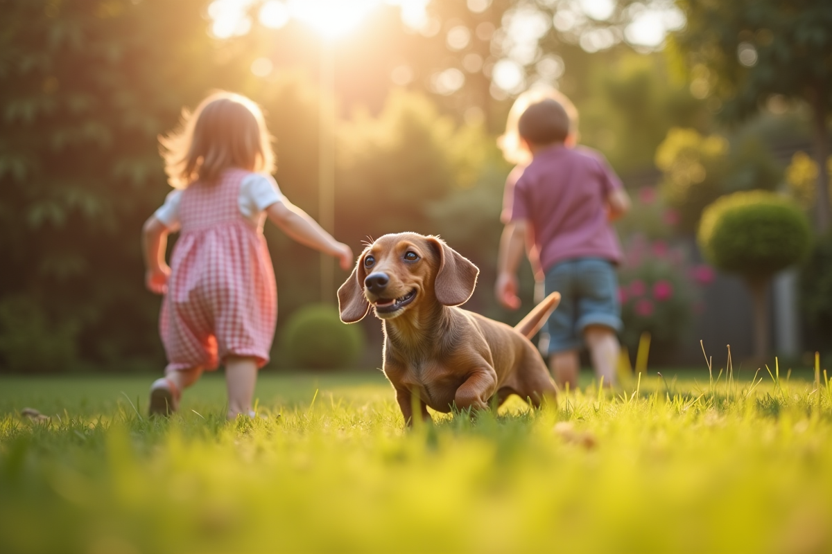Dachshund merle jouant dans le jardin avec enfants