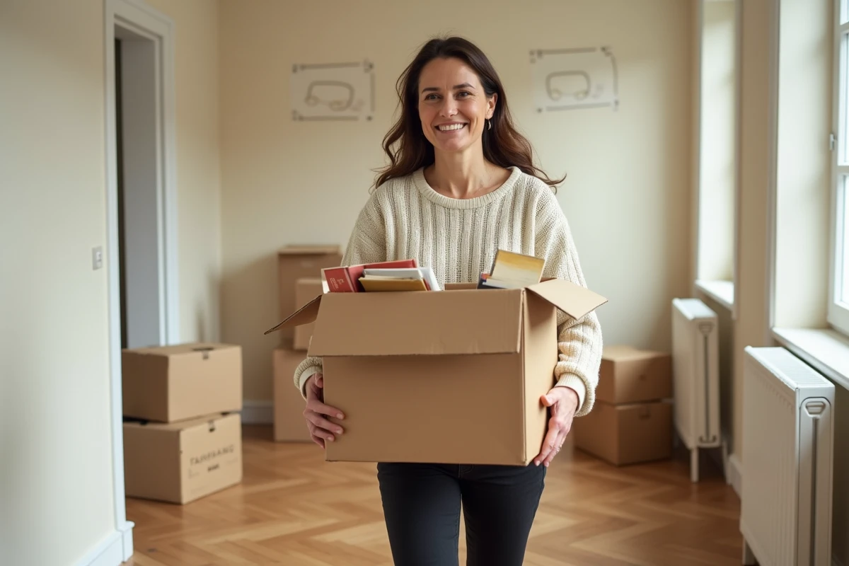 Femme portant des cartons lors d'un déménagement dans un appartement parisien, symbolisant un nouveau départ après une rupture