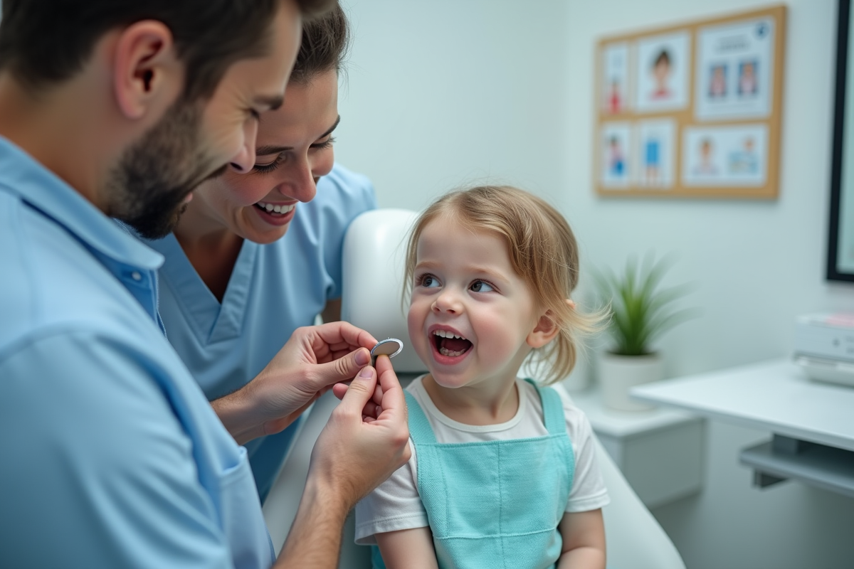 Dentiste montrant comment vérifier une dent à un père et son enfant