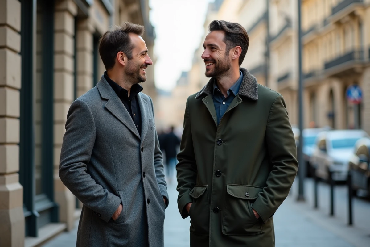 Deux frères en conversation sur un boulevard parisien, évoquant les liens fraternels entre Pierre Haroche et Raphaël