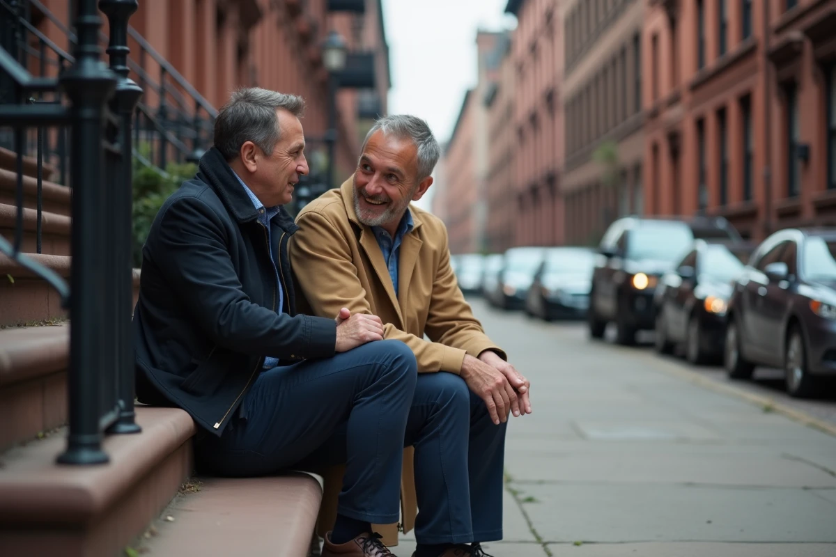 Deux hommes adultes assis sur des marches en pierre en pleine conversation, symbolisant les liens fraternels dans un cadre urbain