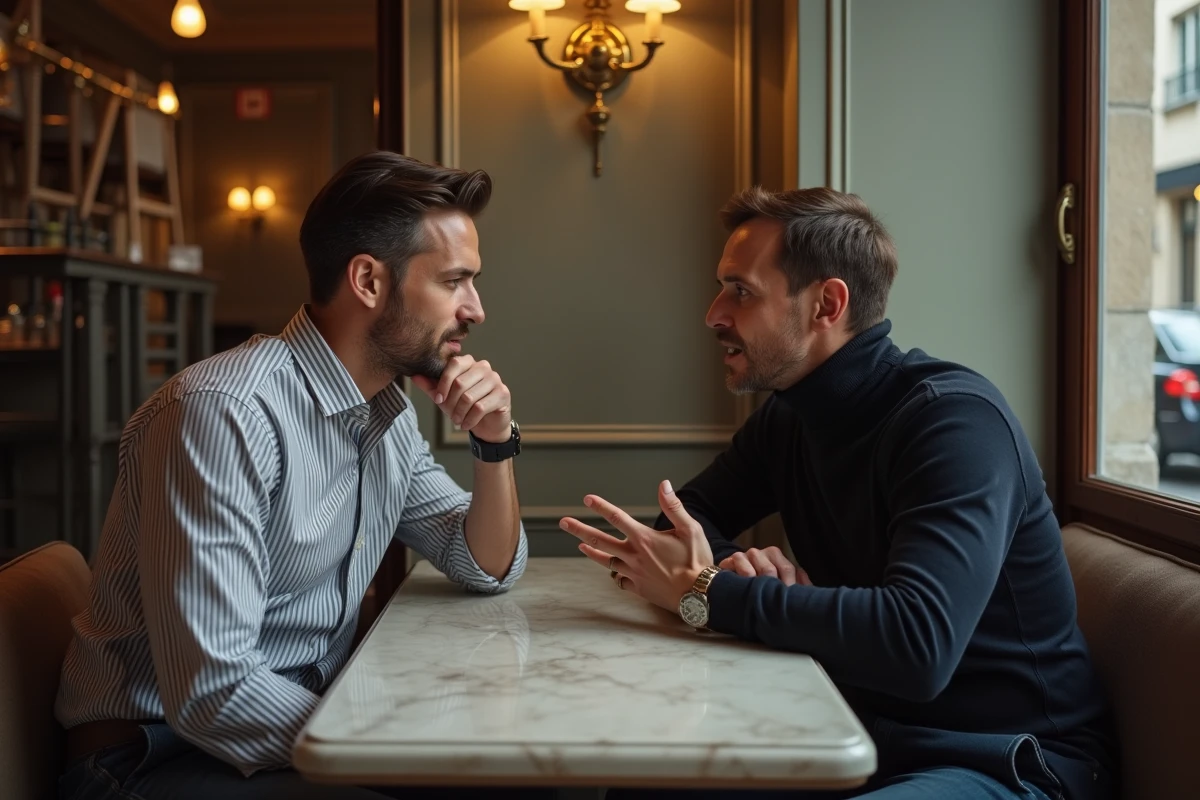 Deux hommes en conversation intime dans une brasserie parisienne, capturant la complicité et la vie quotidienne d'un couple