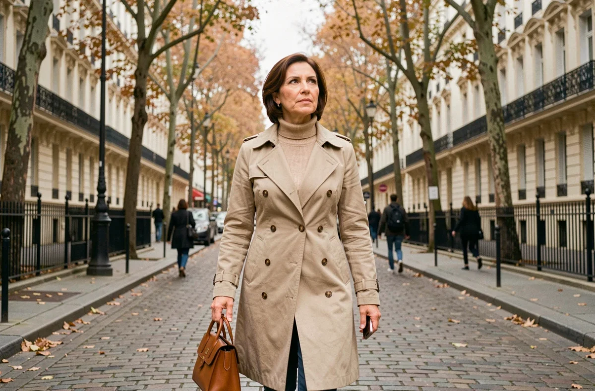 Femme déterminée marchant sur un boulevard parisien en manteau beige, symbolisant le dynamisme des héritiers de l'empire Wildenstein