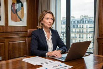 Femme élégante en blazer marine assise dans une salle de réunion parisienne, incarnant le leadership d'un empire familial