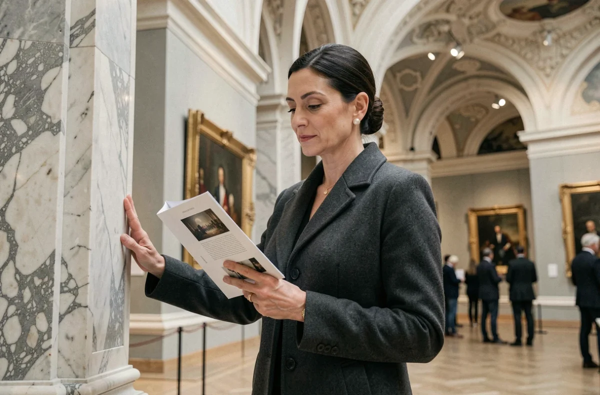 Femme sophistiquée dans une galerie d'art parisienne tenant un catalogue, évoquant l'influence de la famille Wildenstein dans le marché de l'art