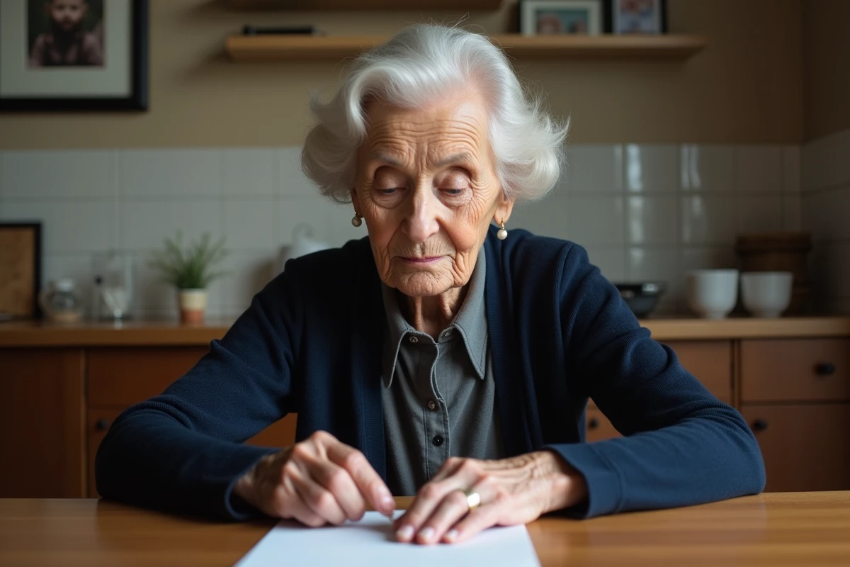 Femme âgée tenant une lettre manuscrite à la table familiale, évoquant un souvenir digne d'un grand-père décédé