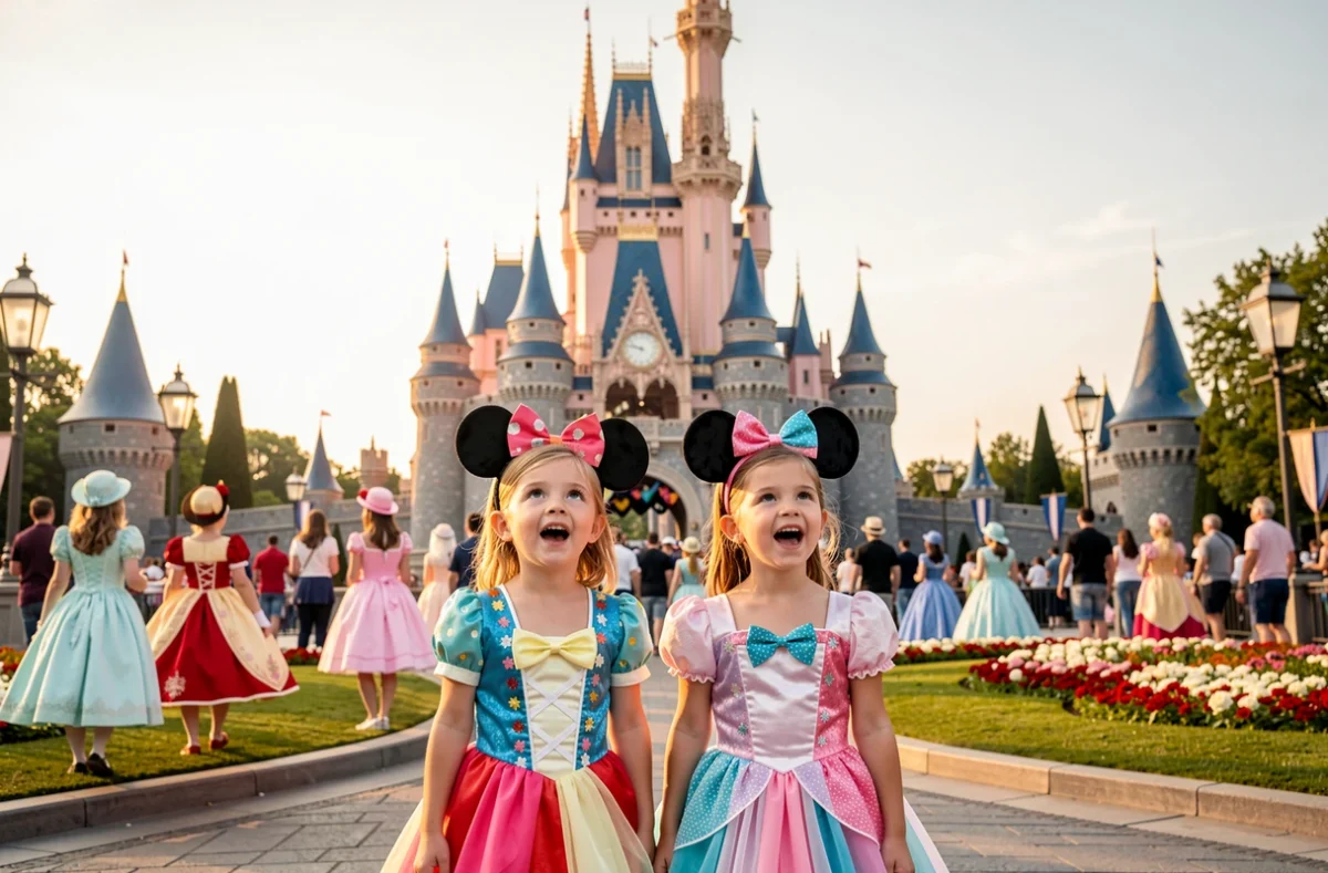 Deux enfants portant des oreilles de Mickey devant le château de la Belle au Bois Dormant à Disneyland Paris