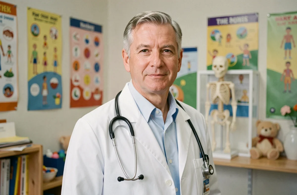 Le Docteur Guy Letellier pédiatre debout dans son cabinet médical en Loire-Atlantique