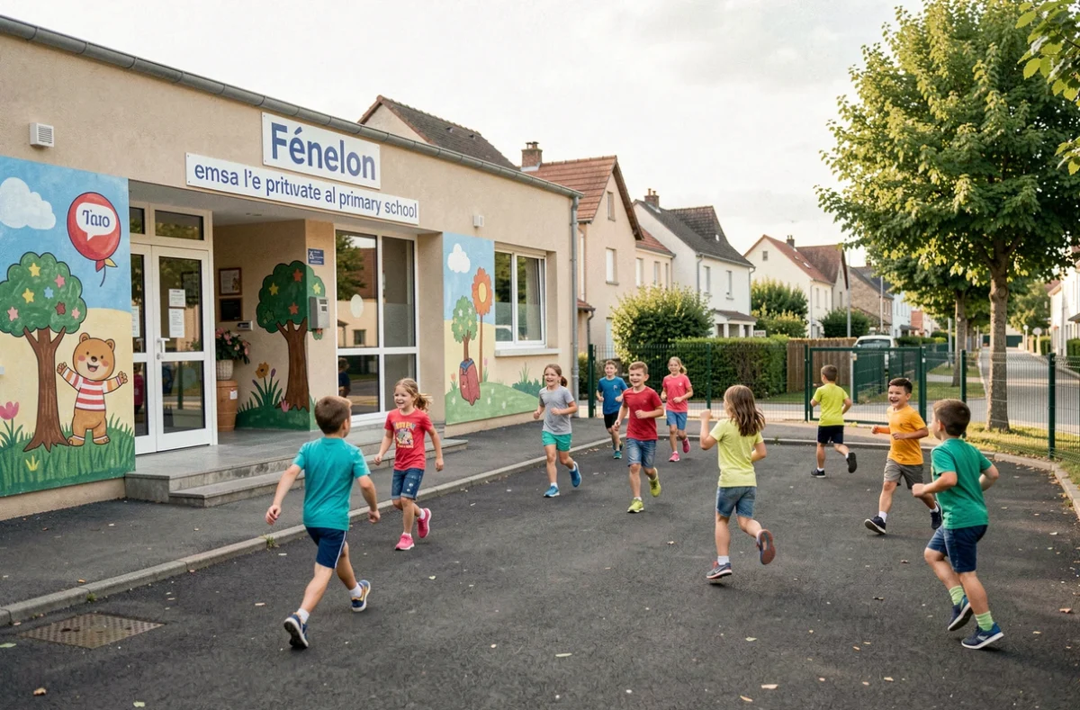 Cour de récréation de l'École primaire privée Fénelon avec des écoliers jouant sous des frises colorées peintes sur les murs