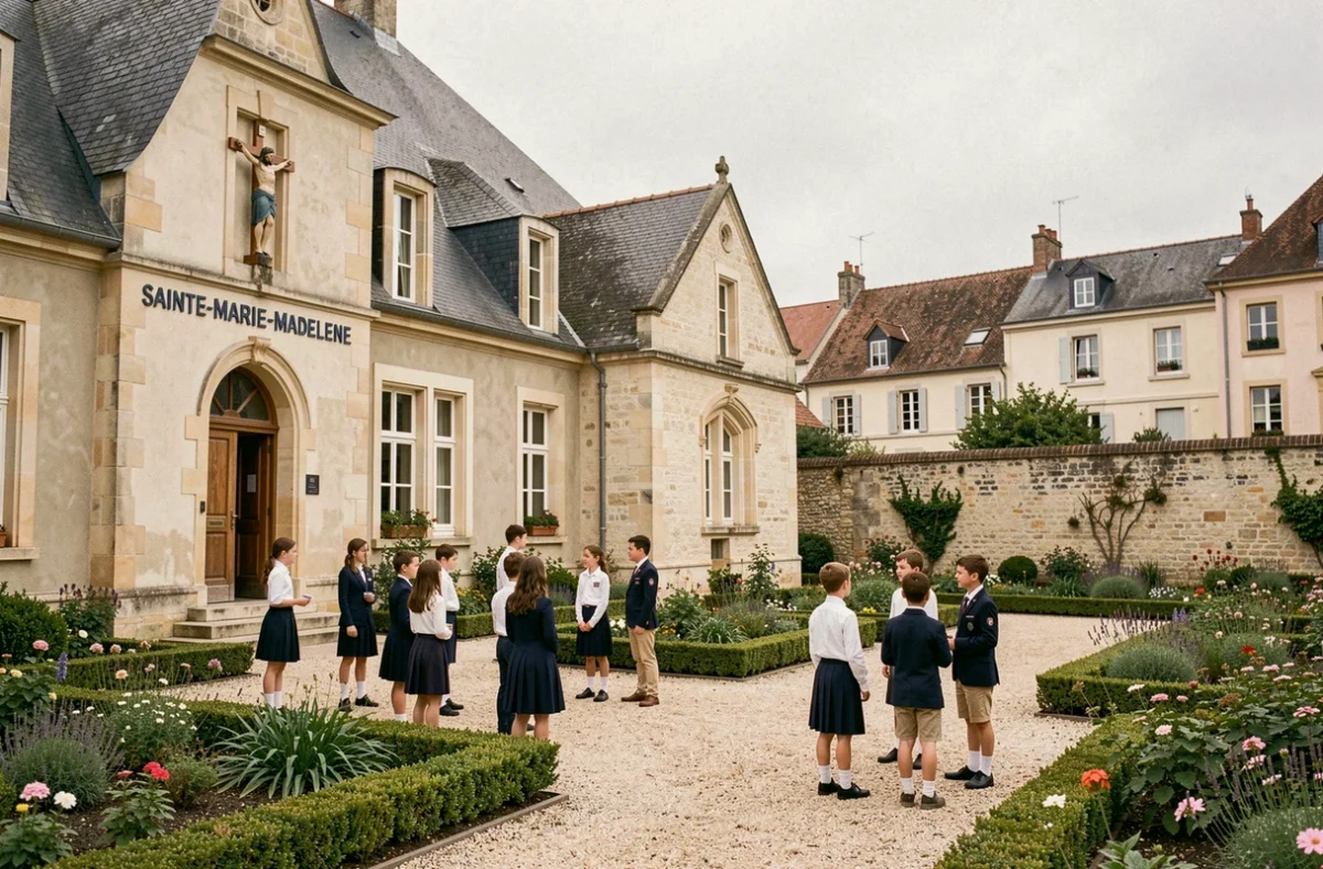 Cour jardin de l'École privée Sainte-Marie-Madeleine avec des élèves en tenue scolaire près d'une facade en pierre avec niche religieuse