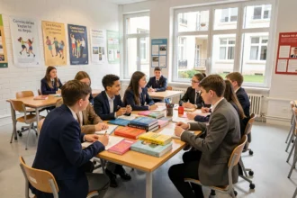 Élèves dans une salle de classe bilingue français-anglais dans le Nord de la France