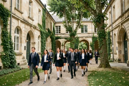Élèves en uniforme dans la cour d'une école privée en Seine-et-Marne, avec une architecture en pierre traditionnelle et des arbres matures