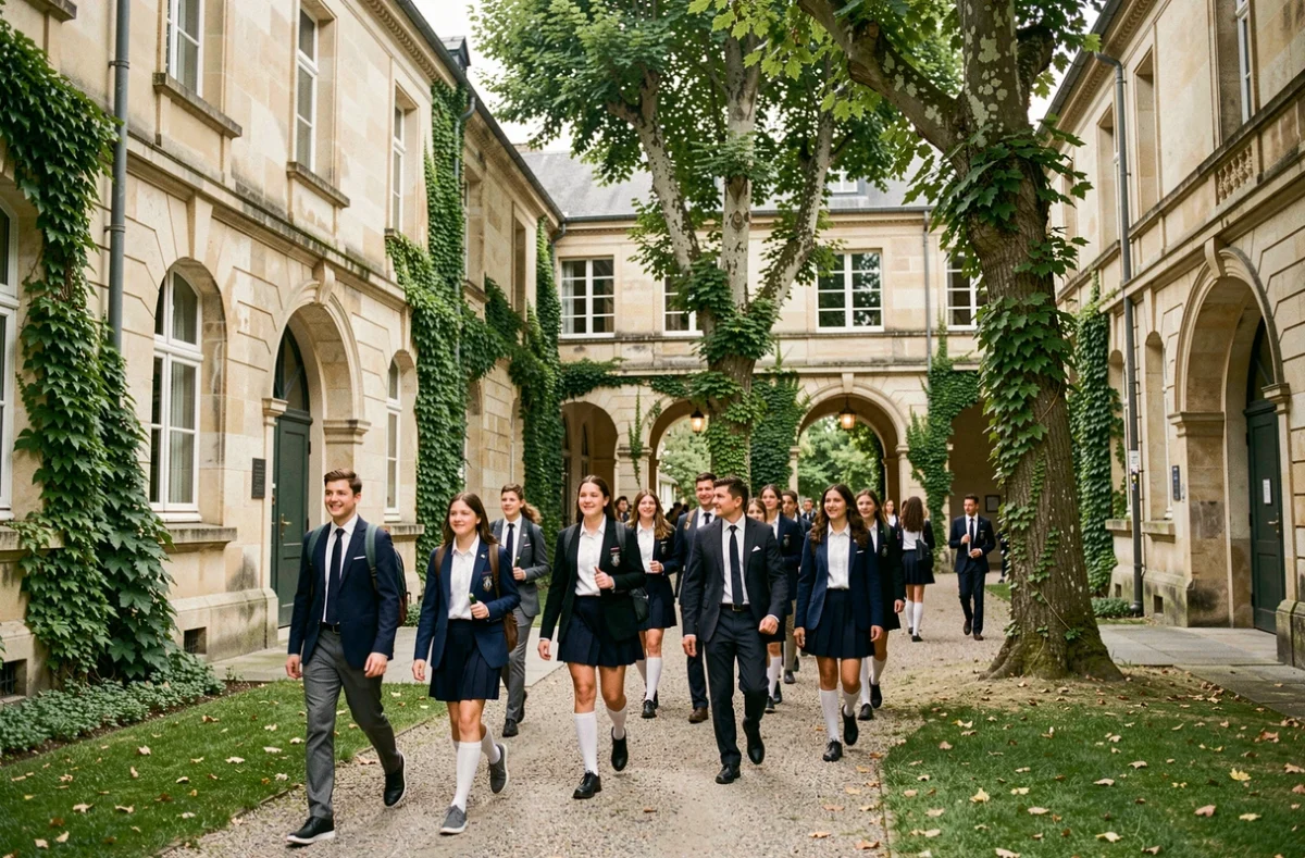 Élèves en uniforme dans la cour d'une école privée en Seine-et-Marne, avec une architecture en pierre traditionnelle et des arbres matures