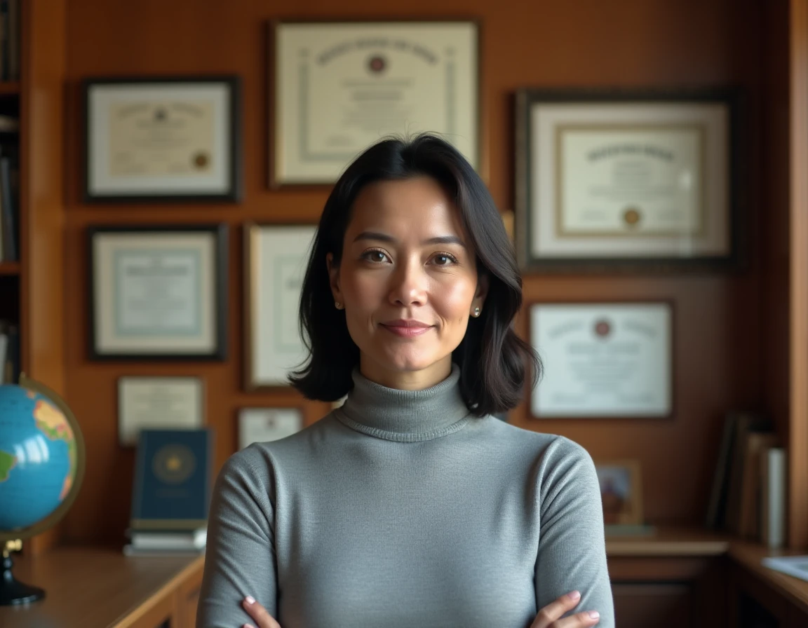 Femme économiste devant un mur de diplômes académiques dans un bureau universitaire, évoquant un parcours intellectuel et des origines académiques